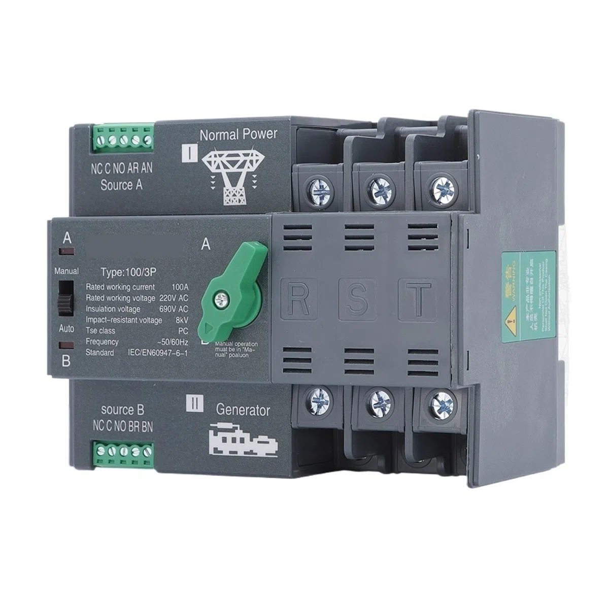 Interruptor de transferencia automática de doble alimentación for riel, selectores 2P, 3P y 4P, generador de energía 100A AC220V(3p,220v 100A)